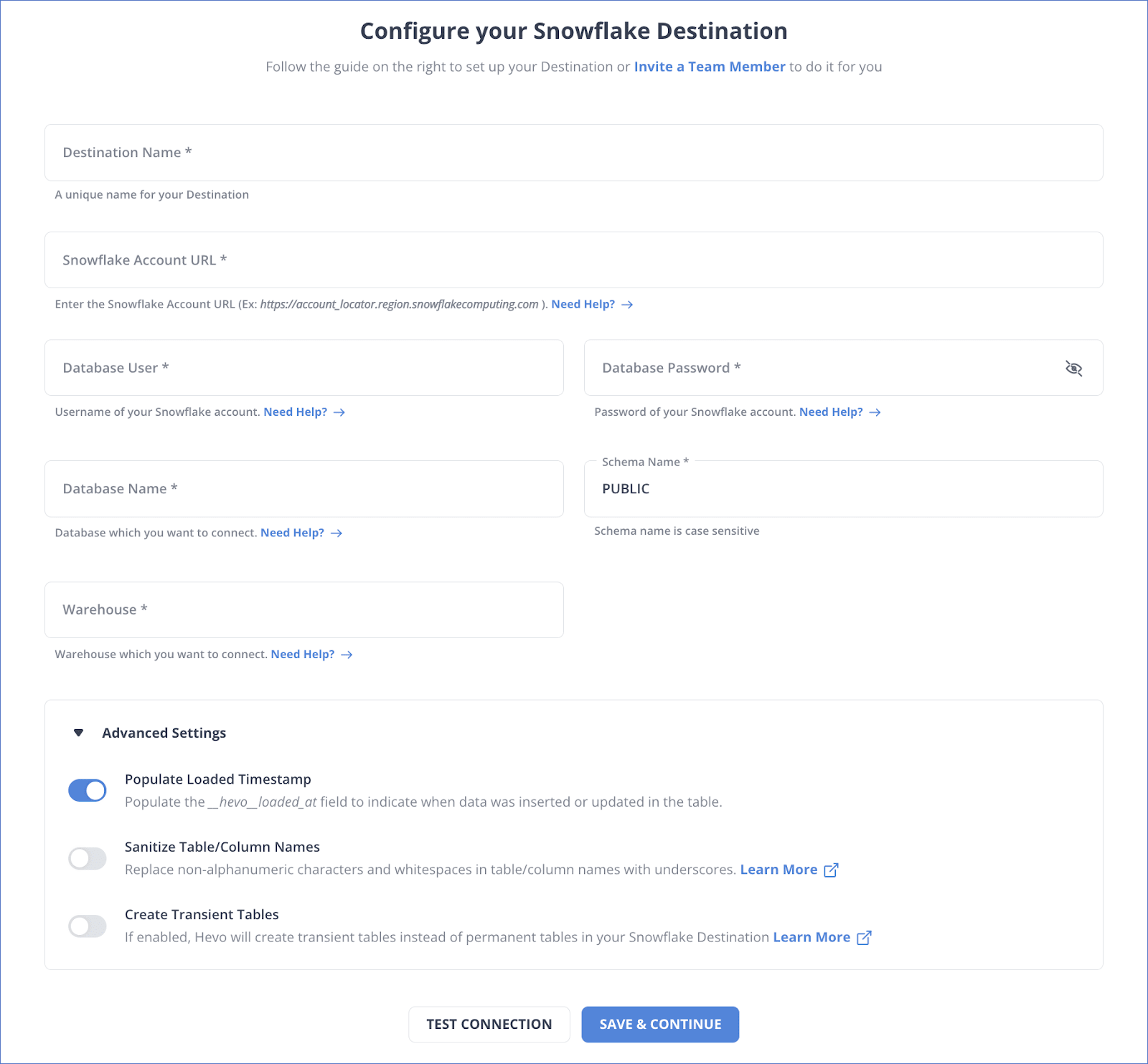quickbooks to snowflake: configure snowflake as destination